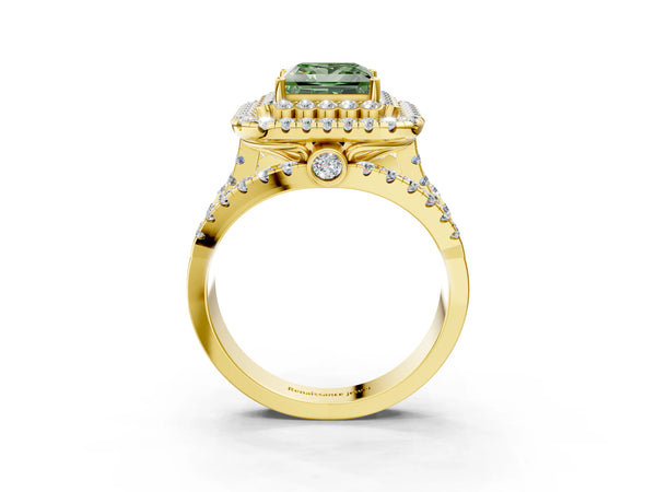 Yellow gold Double Halo Fancy Green Princess Cut Diamond Split Shank Pave Set Ring