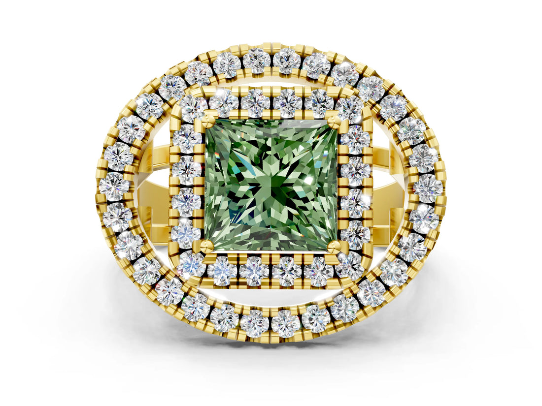Yellow gold Double Halo Fancy Green Princess Cut Diamond Split Shank Prong Setting Ring