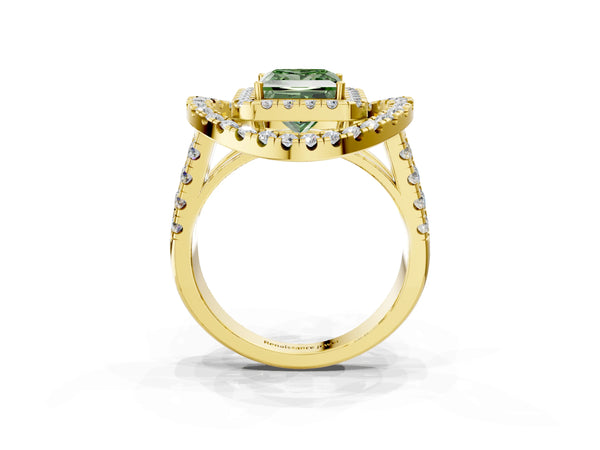 Yellow Gold Princess Cut Halo Engagement Ring Setting for Fancy Green Center - Design RJ-762