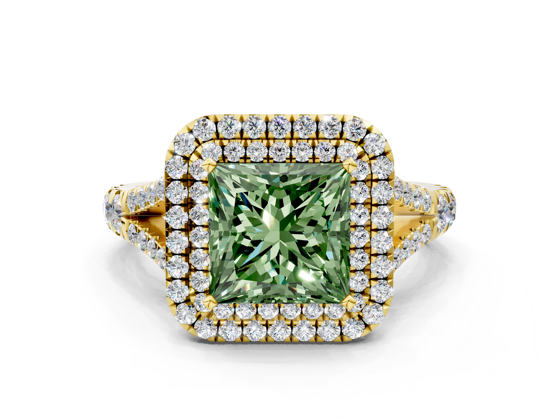 Yellow gold Double Halo Fancy Green Princess  Cut Diamond Split Shank Ring with Four Prong Setting
