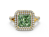 Yellow gold Double Halo Fancy Green Princess  Cut Diamond Split Shank Ring with Four Prong Setting