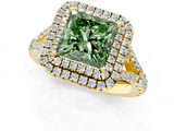Yellow gold Double Halo Fancy Green Princess  Cut Diamond Split Shank Ring with Four Prong Setting_1