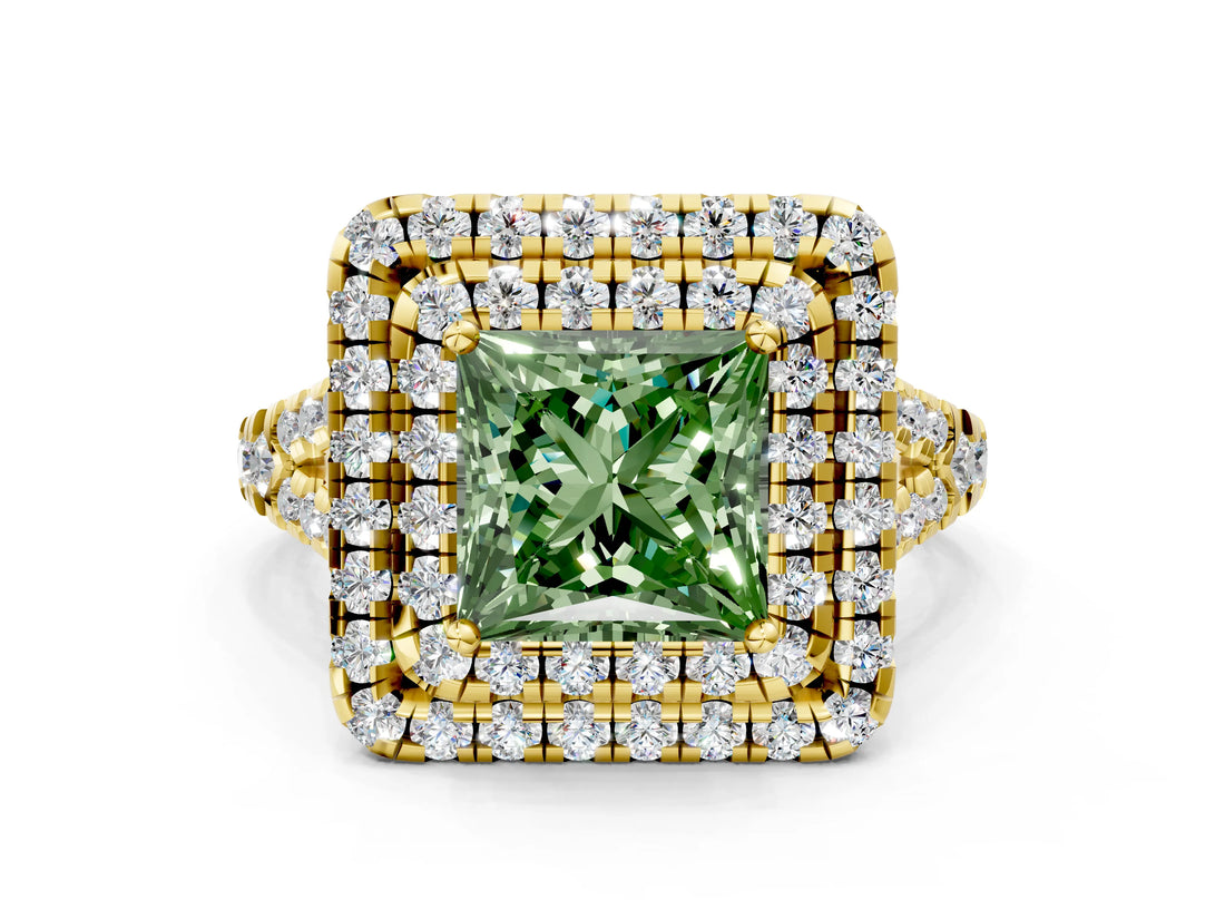 Yellow gold Double Halo Fancy Green Princess  Cut Pave Split Shank Prong Set Ring_15