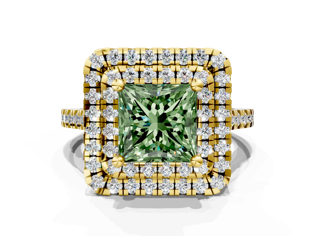 Yellow gold Double Halo Fancy Green Princess  Diamond Pave Band with Four-Prong Setting_12