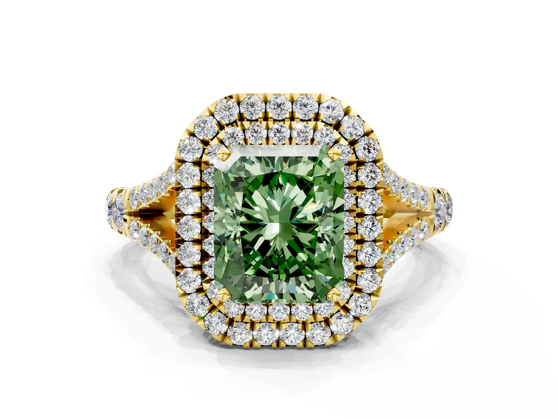 Yellow gold Double Halo Fancy Green Radiant -Shaped Split Shank Diamond Ring with Prong Setting_15