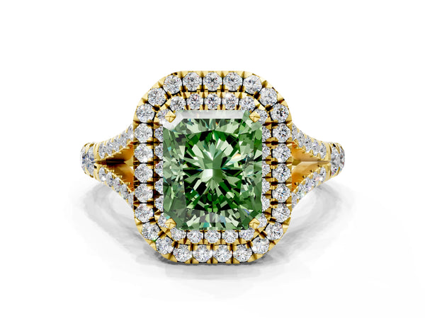 Yellow gold Fancy Green Radiant Cut Diamond Double Halo Ring with Split Shank and Prong Setting