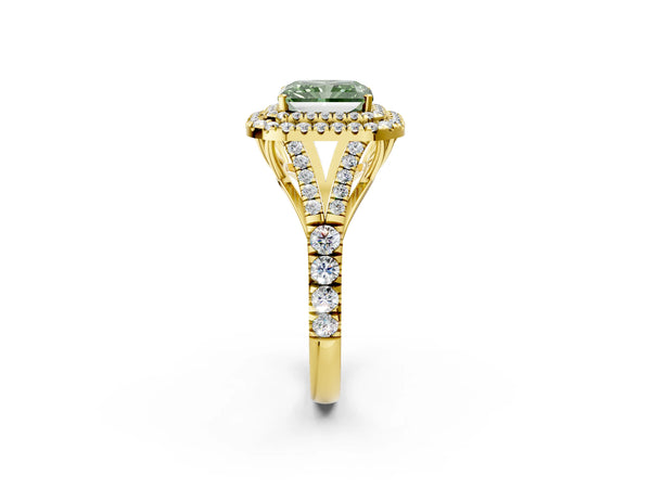 Yellow gold Fancy Green Radiant Cut Diamond Double Halo Ring with Split Shank and Prong Setting
