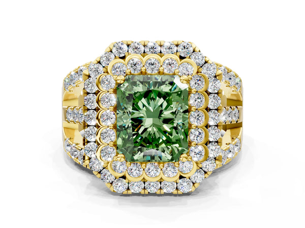 Yellow gold Double Halo Fancy Green Radiant Cut Diamond Split Shank Pave Set Ring