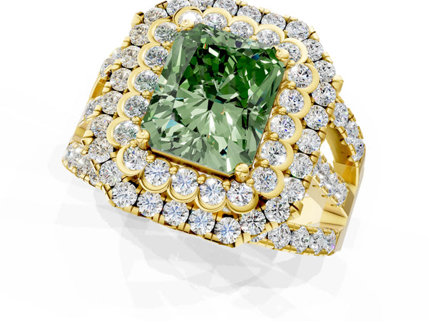 Yellow gold Double Halo Fancy Green Radiant Cut Diamond Split Shank Pave Set Ring