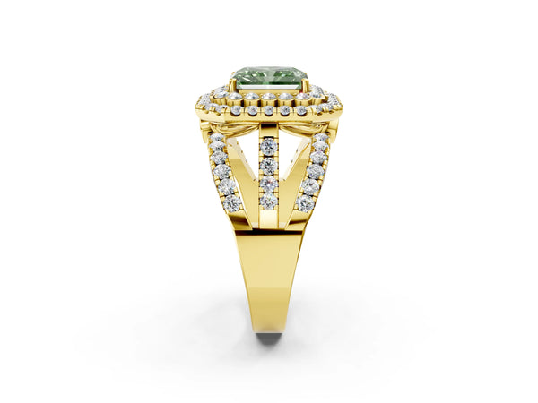 Yellow gold Double Halo Fancy Green Radiant Cut Diamond Split Shank Pave Set Ring
