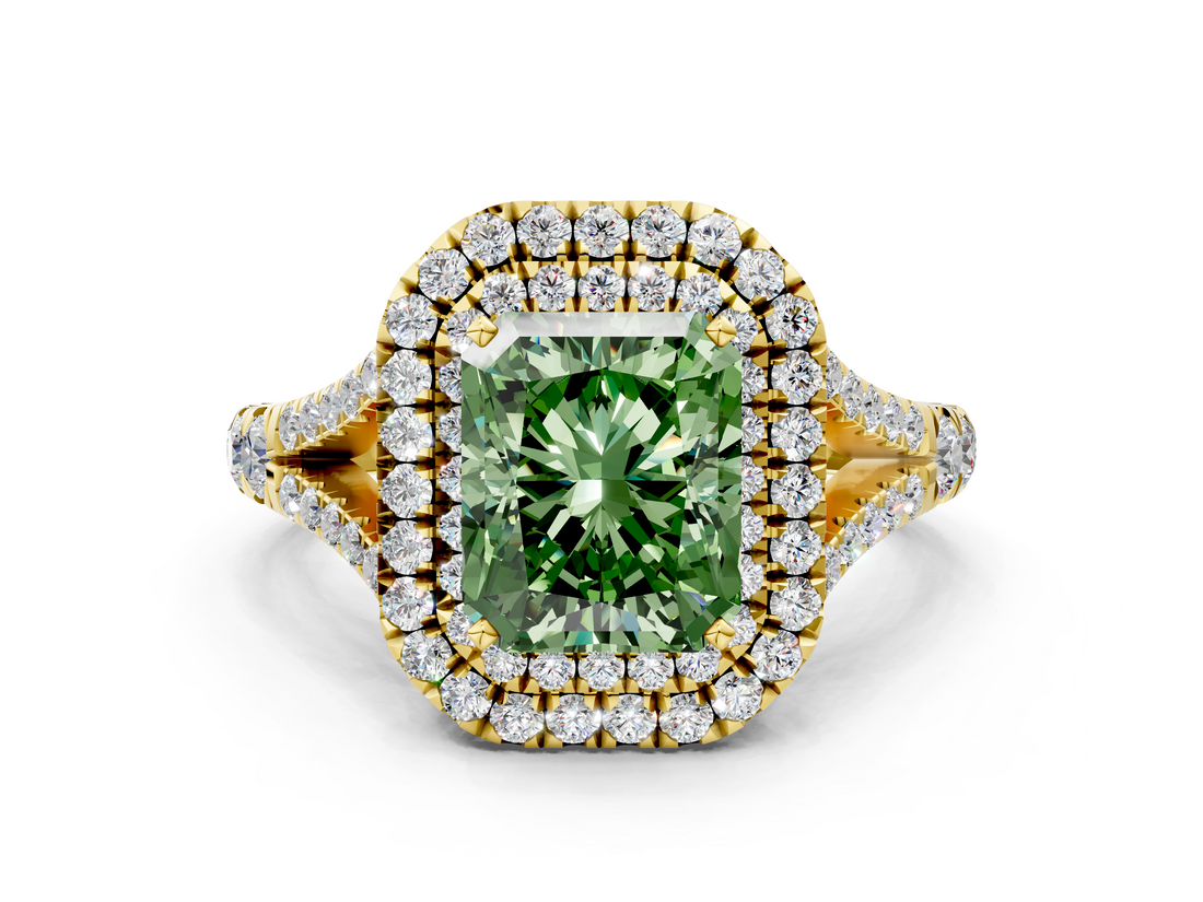 Yellow gold Double Halo Fancy Green Radiant  Cut Diamond Split Shank Ring with Four Prong Setting_19