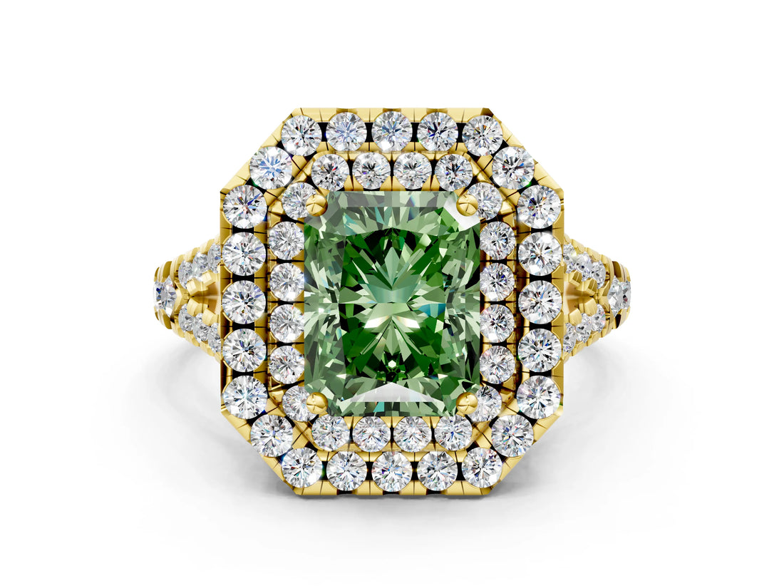 Yellow gold Double Halo Fancy Green Radiant  Cut Pave Split Shank Prong Set Ring_15
