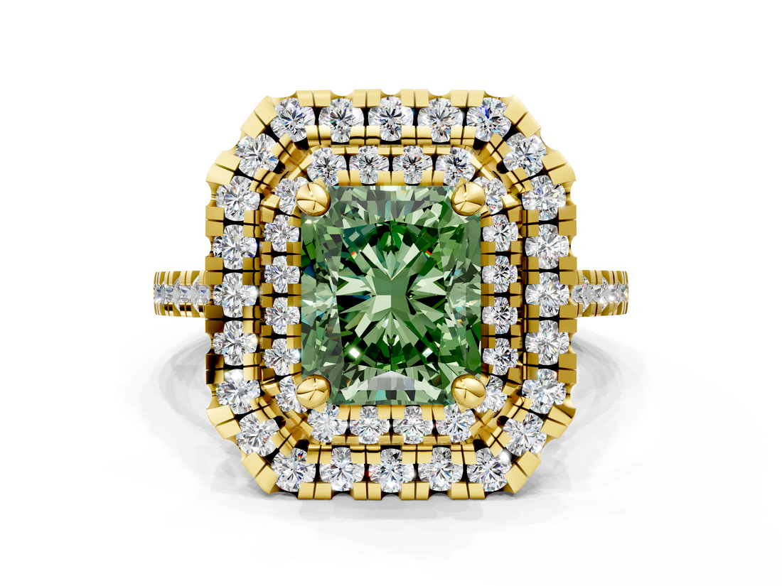 Yellow gold Double Halo Fancy Green Radiant  Diamond Pave Band with Four-Prong Setting_44