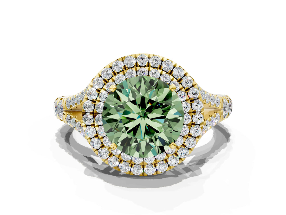 Yellow gold Double Halo Fancy Green Round Cut Diamond Split Shank Engagement Ring with Four-Prong Setting_3