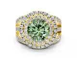 Yellow gold Double Halo Fancy Green Round Cut Diamond Split Shank Pave Set Ring_3