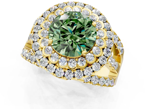 Yellow gold Double Halo Fancy Green Round Cut Diamond Split Shank Pave Set Ring