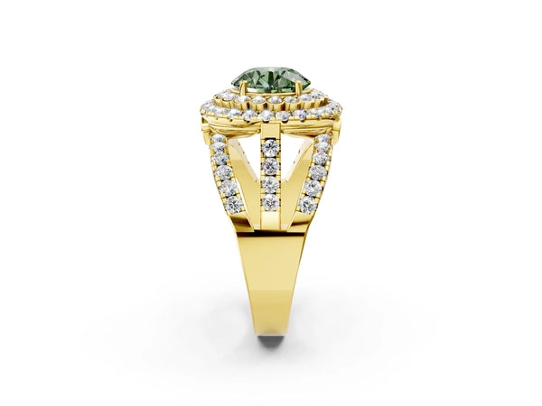 Yellow gold Double Halo Fancy Green Round Cut Diamond Split Shank Pave Set Ring