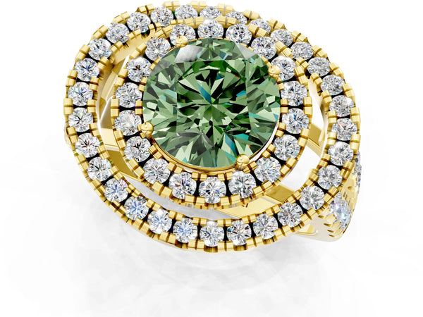 Yellow Gold Round Halo Engagement Ring Setting for Fancy Green Center - Design RJ-762