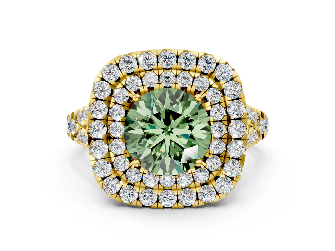 Yellow gold Double Halo Fancy Green Round  Cut Pave Split Shank Prong Set Ring_15