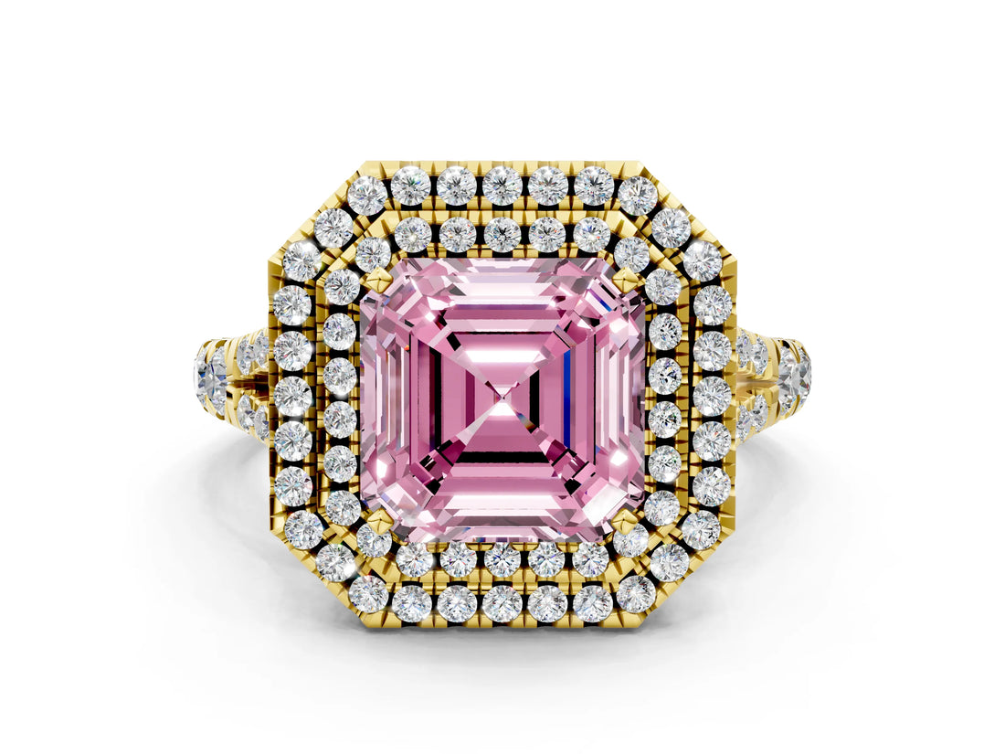 Yellow gold Double Halo Fancy Pink Asscher -Shaped Split Shank Diamond Ring with Prong Setting_15