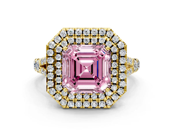 Yellow Gold Asscher Cut Double Halo Engagement Ring Setting for Fancy Pink Center