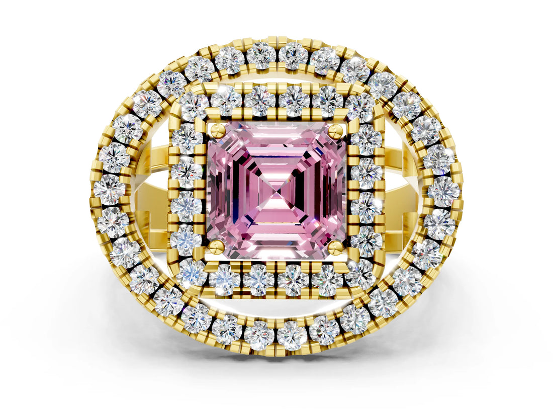 Yellow gold Double Halo Fancy Pink Asscher Cut Diamond Split Shank Prong Setting Ring