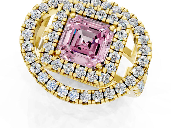 Yellow gold Double Halo Fancy Pink Asscher Cut Diamond Split Shank Prong Setting Ring