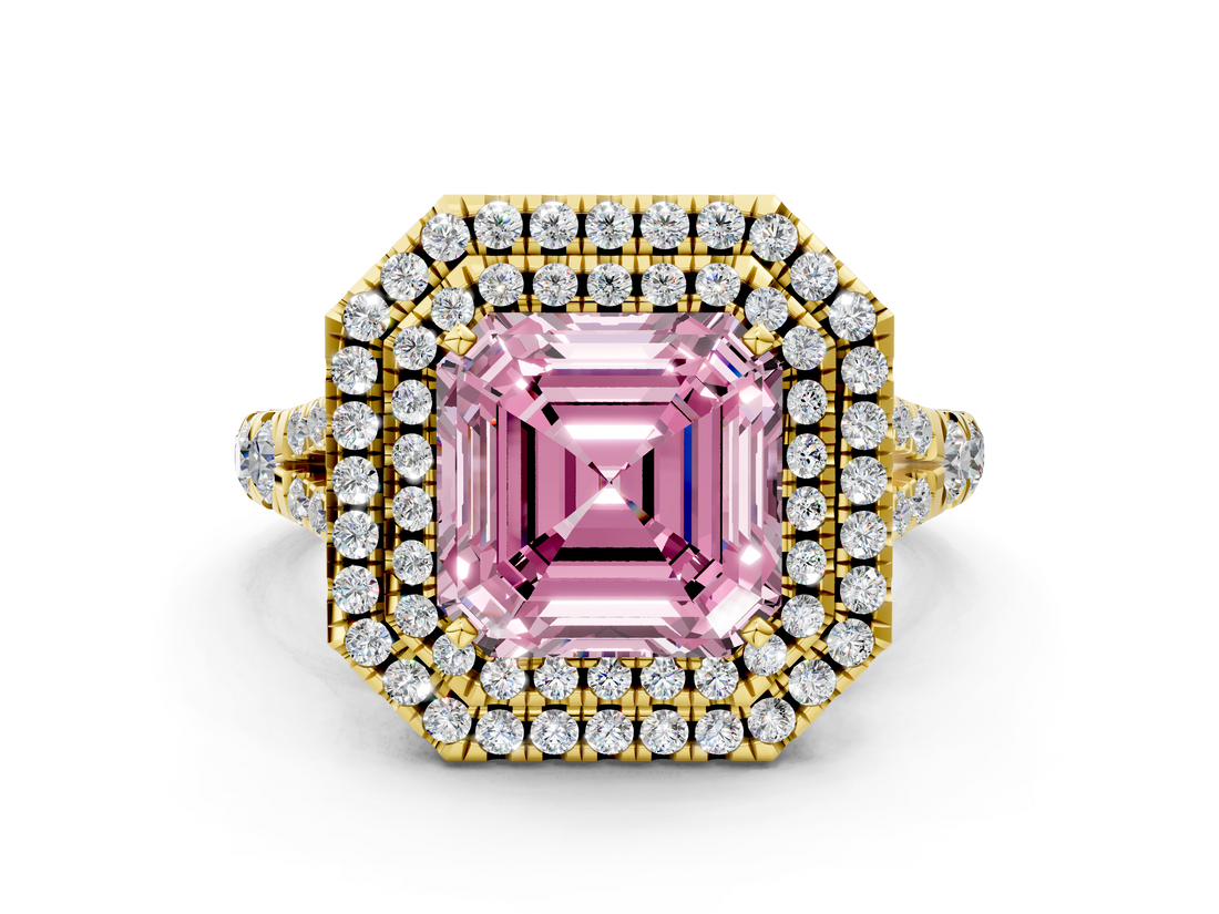 Yellow gold Double Halo Fancy Pink Asscher  Cut Diamond Split Shank Ring with Four Prong Setting