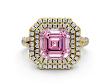 Yellow gold Double Halo Fancy Pink Asscher  Cut Diamond Split Shank Ring with Four Prong Setting