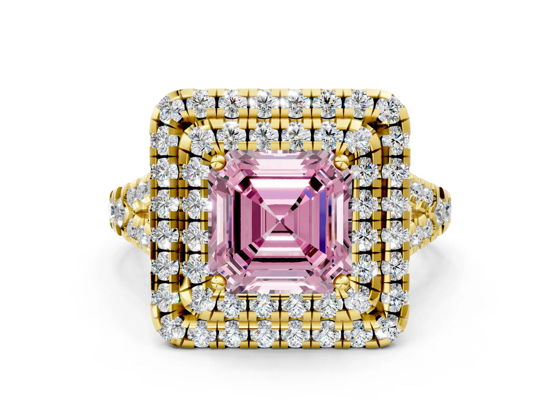 Yellow gold Double Halo Fancy Pink Asscher  Cut Pave Split Shank Prong Set Ring_15