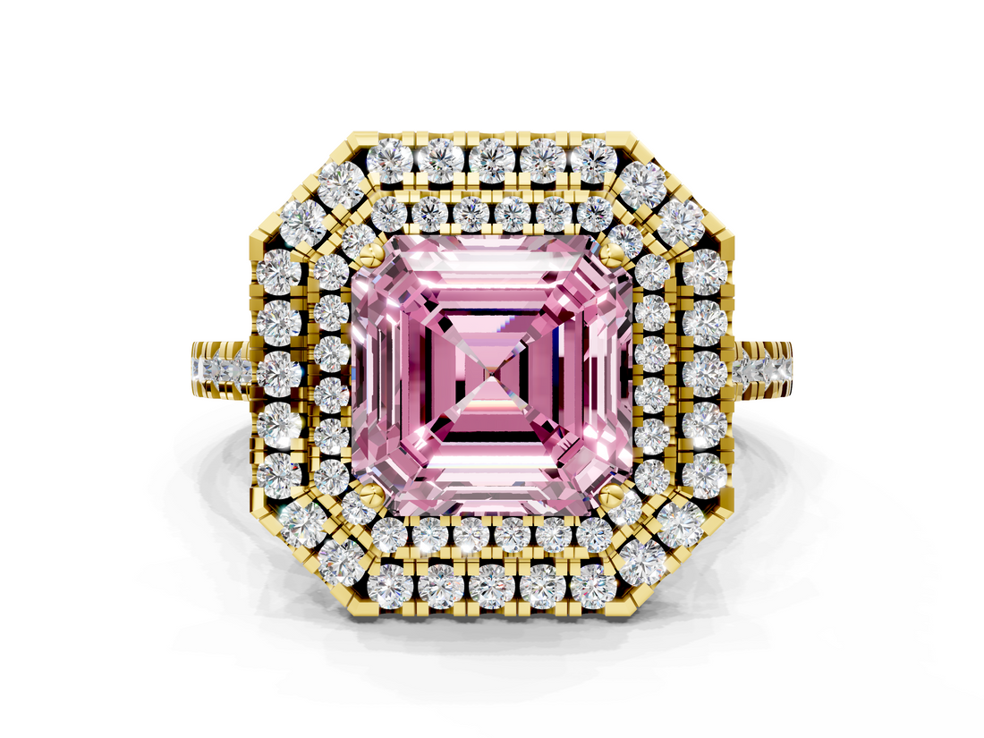 Yellow gold Double Halo Fancy Pink Asscher  Diamond Pave Band with Four-Prong Setting