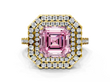 Yellow gold Double Halo Fancy Pink Asscher  Diamond Pave Band with Four-Prong Setting