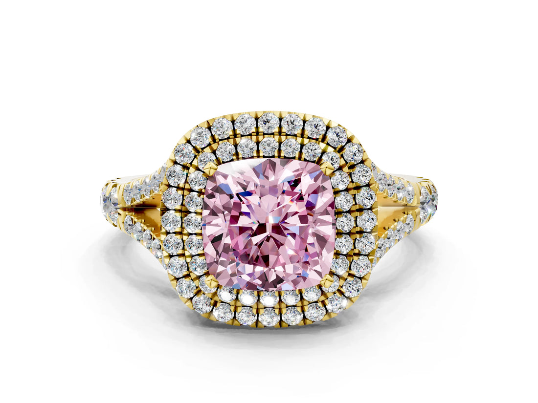 Yellow gold Double Halo Fancy Pink Cushion Cut Diamond Split Shank Engagement Ring with Four-Prong Setting_3