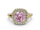 Yellow gold Double Halo Fancy Pink Cushion Cut Diamond Split Shank Engagement Ring with Four-Prong Setting_3