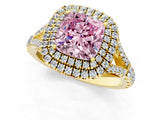 Yellow gold Double Halo Fancy Pink Cushion Cut Diamond Split Shank Engagement Ring with Four-Prong Setting_4