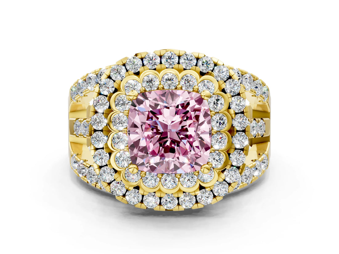 Yellow gold Double Halo Fancy Pink Cushion Cut Diamond Split Shank Pave Set Ring_3