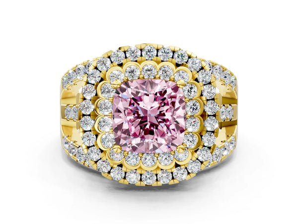 Yellow Gold Cushion Cut Scalloped Double Halo Engagement Ring Setting for Fancy Pink Center