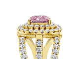 Yellow gold Double Halo Fancy Pink Cushion Cut Diamond Split Shank Pave Set Ring_8