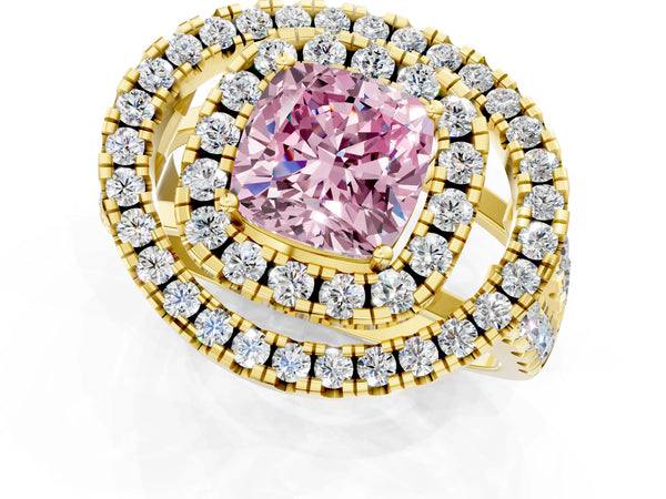 Yellow Gold Cushion Cut Halo Engagement Ring Setting for Fancy Pink Center - Design RJ-762