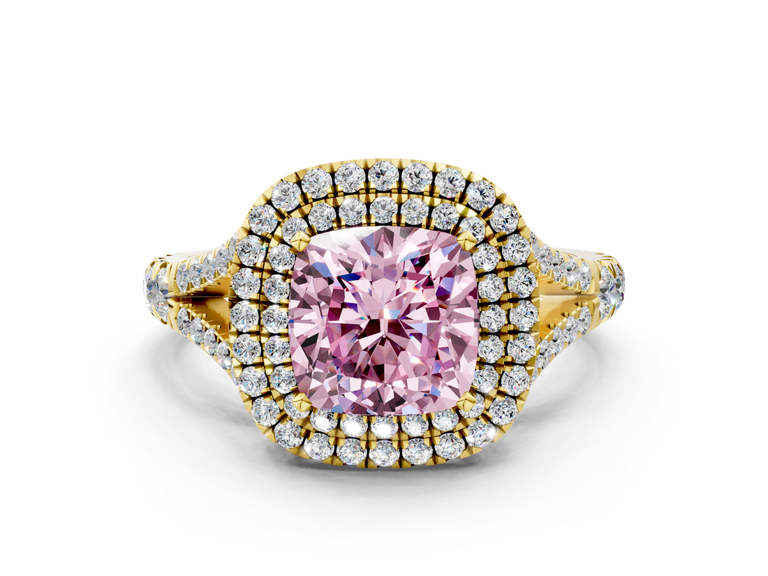 Yellow gold Double Halo Fancy Pink Cushion  Cut Diamond Split Shank Ring with Four Prong Setting_20