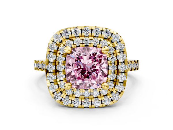 Yellow gold Double Halo Fancy Pink Cushion Cut Diamond Pavé Band with Four-Prong Setting