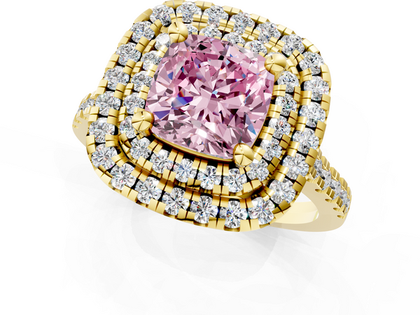 Yellow gold Double Halo Fancy Pink Cushion Cut Diamond Pavé Band with Four-Prong Setting