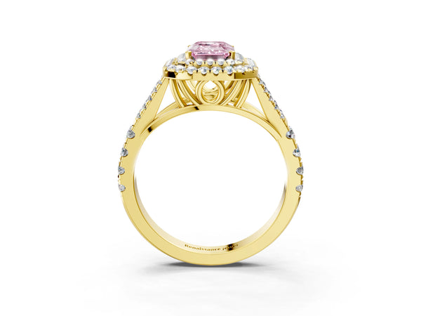 Yellow Gold Emerald Cut Double Halo Engagement Ring Setting for Fancy Pink Center