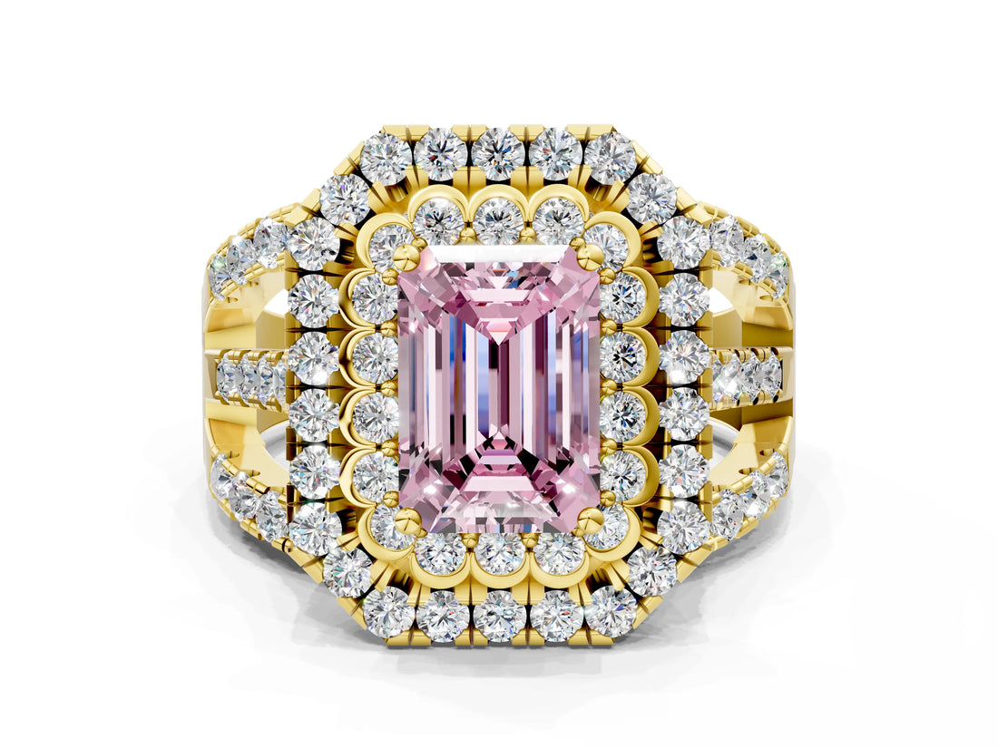 Yellow gold Double Halo Fancy Pink Emerald Cut Diamond Split Shank Pave Set Ring_3