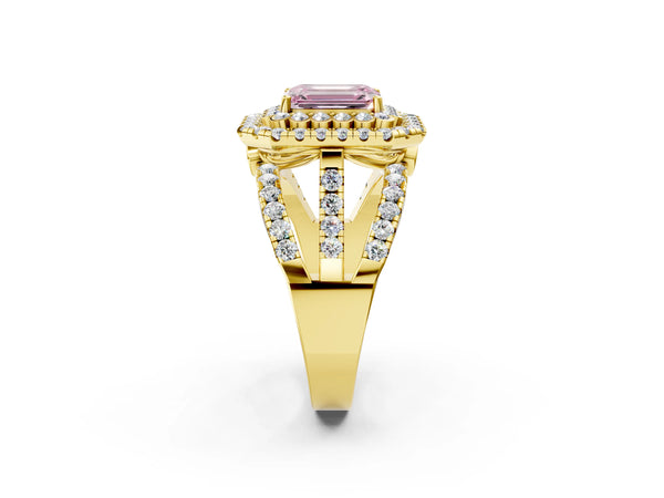 Yellow Gold Emerald Cut Scalloped Double Halo Engagement Ring Setting for Fancy Pink Center