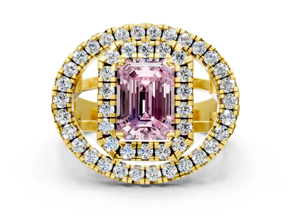 Yellow gold Double Halo Fancy Pink Emerald Cut Diamond Split Shank Prong Setting Ring