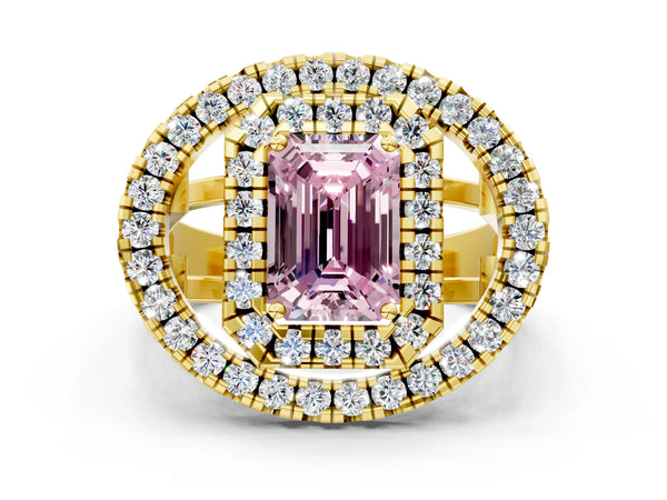 Yellow gold Double Halo Fancy Pink Emerald Cut Diamond Split Shank Prong Setting Ring