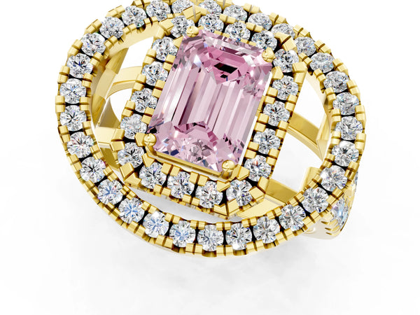 Yellow gold Double Halo Fancy Pink Emerald Cut Diamond Split Shank Prong Setting Ring