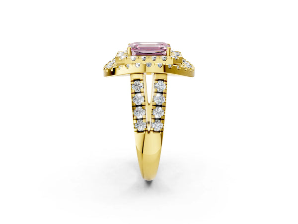 Yellow gold Double Halo Fancy Pink Emerald Cut Diamond Split Shank Prong Setting Ring