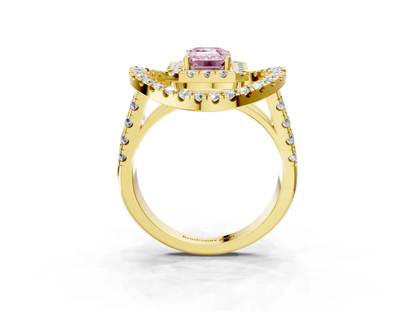 Yellow gold Double Halo Fancy Pink Emerald Cut Diamond Split Shank Prong Setting Ring